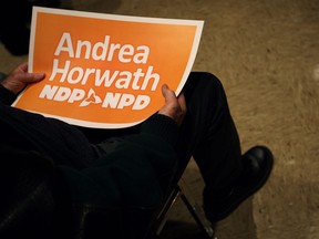 An NDP supporter holds an Andrea Horwath, Ontario NDP leader sign where the party kicked off the Getting Results for People provincewide tour at the Ciociaro Club, Saturday, March 23, 2013.  (DAX MELMER/The Windsor Star)