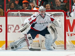 Philipp Grubauer #31 of the Washington Capitals stops a shot in the third period against the Philadelphia Flyers on February 27, 2013 at the Wells Fargo Center in Philadelphia, Pennsylvania. The Philadelphia Flyers defeated the Washington Capitals 4-1.  (Photo by Elsa/Getty Images)