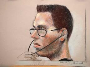 Luka Rocco Magnotta is shown in an artist's sketch in a Montreal court on Wednesday, March 13, 2013. Magnotta has collapsed in court during his preliminary hearing.The notorious suspect in a killing and dismemberment case had been listening to evidence against him, whose contents are subject to a publication ban.(THE CANADIAN PRESS/Mike McLaughlin)