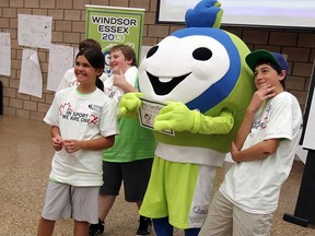 In the file photo, Student Ambassadors get a chance to meet 'Sport' during the introduction of the mascot for the upcoming International Children's Games at the WFCU Centre in Windsor on Friday, September 28, 2012. The official name for the mascot was released during an event which saw grade seven and eight student ambassadors plan how to spread physical activity in their schools.        (TYLER BROWNBRIDGE / The Windsor Star)