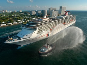 The Carnival Legend, a 2,100-passenger, 960-foot-long cruise ship arrives at Port Everglades in Fort Lauderdale, Fla., in this Nov. 8, 2002 file photo. Carnival Cruise Lines says another of its ships has experienced problems and is heading back to the Port of Tampa. Late Thursday, March 14, 2013 the company said "a technical issue" affecting the sailing speed of the Legend forced the cancellation of a stop at Grand Cayman Islands. The Carnival Dream experienced problems with an on-board generator while docked in St. Maarten and the company announced Thursday that passengers would be flown home. (AP Photo/Carnival Cruise Lines, Andy Newman, File)