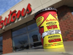 A Tim Hortons Roll Up the Rim to Win cup is photographed outside a Tim Hortons in Windsor on Tuesday, March 1, 2011. (TYLER BROWNBRIDGE / The Windsor Star)