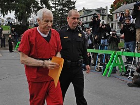 Jerry Sandusky said in interview excerpts broadcast Monday that a key witness against him misinterpreted him showering with a young boy in Penn State football team facilities more than a decade ago. (Patrick Smith/Getty Images)