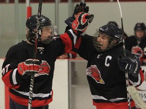 Brennan's Ryan Ulicny, left, is congratulated by Spencer Bouchat after a goal at the A/AA senior boys high school hockey final in Essex. (JASON KRYK/The Windsor Star)