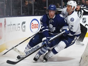 Tampa Bay's Eric Brewer, checks Toronto's Tyler Bozak at the Air Canada Centre. (Photo by Claus Andersen/Getty Images)
