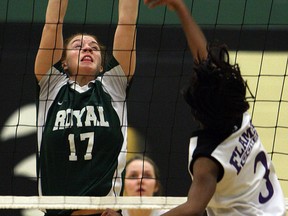 Lajeunesse's Jackie St. Pierre, left, blocks a shot against Chatham Christian. (TYLER BROWNBRIDGE/The Windsor Star)