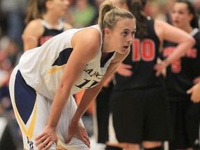 University of Windsor forward Jessica Clemencon takes a break against Carleton earlier this year. (DAN JANISSE/The Windsor Star)