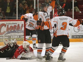 Essex's Jordan Ryan, left, and Marco Canzoneri celebrate a second period goal in front of Ayr goalie Mitch Figueirdo during Game 2 of the Schmalz Cup quarterfinal Tuesday, March 19, 2013, at Essex Arena. Essex won 6-2 to take a 2-0 series lead.  (DAN JANISSE/The Windsor Star)