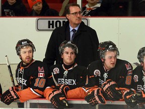 Coach Gil Langlois, centre, and the Essex 73's open the Schmalz Cup final Saturday against the Centennials in Ayr. (Windsor Star files)