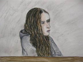 Meredith Borowiec appears in court in Calgary on Tuesday, March 26, 2013 in this court artist's sketch.(Janice Fletcher/The Canadian Press)