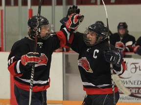 Brennan's Ryan Ulicny, left, celebrates a goal with Spencer Bouchat against the Red Raiders in Essex on Tuesday February 26, 2013. The Cardinals are ranked No. 11 at the OFSAA A/AA boys hockey championships. (JASON KRYK/The Windsor Star)