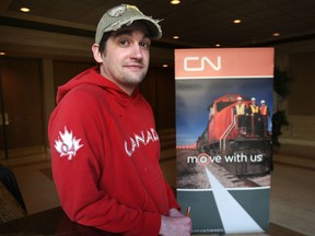 Brett Turner, 25, was among the people who attended a CN Railway career fair on Wednesday at the Caboto Club in Windsor. The company is looking to hire train conductors in western Canada. (DAN JANISSE / The Windsor Star)