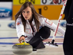 Canada's skip Rachel Homan releases a rock against Italy at the world women's curling championship in Riga, Latvia on Tuesday, March 19, 2013. Canada won 7-6. THE CANADIAN PRESS/Andrew Vaughan