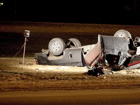 WINDSOR, ON. March 29, 2013.  A mangled pickup truck is photographed after being involved in a fatal single-vehicle rollover accident on E.C. Row Expressway at Dougall Avenue Friday March 29, 2013.   (REBECCA WRIGHT/ The Windsor Star)