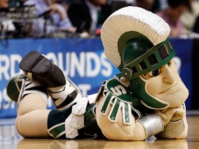 Sparty, the mascot for the Michigan State Spartans performs against the Valparaiso Crusaders during the second round of the 2013 NCAA Men's Basketball Tournament at at The Palace of Auburn Hills on March 21, 2013 in Auburn Hills, Michigan.  (Gregory Shamus/Getty Images)