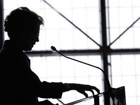 In this file photo, Ontario Premier Kathleen Wynne speaks silhouetted against the hanger doors of the Canadian Bushplane Heritage Centre after a cabinet meeting in Sault Ste. Marie, Ont. on Friday March 1, 2013. (THE CANADIAN) PRESS/Kenneth Armstrong