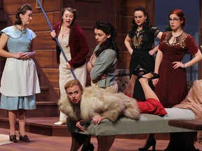University Players rehearse a scene from its production of Nine Girls. The cast includes Brittany Kraus, front, Amy Fehr, left, Topaz Kelly, Katie Corbridge, Marina Moreira and Kaitlyn Kelly. (NICK BRANCACCIO / The Windsor Star)