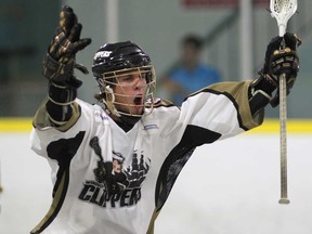 Windsor's Trevor Learn celebrates a goal during a game against the London Blue Devils at the Forest Glade Arena last season. (Windsor Star / DAN JANISSE)