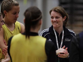 Lancers coach Chantal Vallee, right, talks with players at St. Denis Centre before the team leaves for the CIS women's basketball championships in Regina. (NICK BRANCACCIO/The Windsor Star)