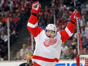 Detroit's Daniel Cleary, right, celebrates his goal as Anaheim goalie Jonas Hiller, rear, during NHL action Sunday, March 24, 2013, in Anaheim, Calif. (AP Photo/Mark J. Terrill)