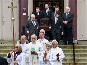 Pall bearers carry an urn with the ashes of Rehtaeh Parsons from St. Mark's Anglican Church at her funeral in Halifax on Saturday, April 13, 2013. The girl’s family says she ended her own life last week following months of bullying after she was allegedly sexually assaulted by four boys and a photo of the incident was distributed. THE CANADIAN PRESS/Andrew Vaughan