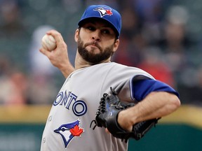 Toronto pitcher Brandon Morrow throws a pitch against the Tigers in the first inning in Detroit, (AP Photo/Paul Sancya)