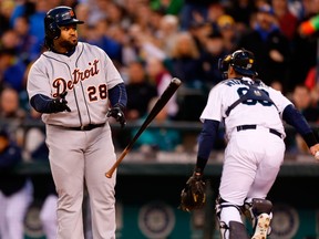 Detroit's Prince Fielder, left, tosses his bat after striking out to end the top of the fourth inning against the Seattle Mariners at Safeco Field Wednesday in Seattle. (Photo by Otto Greule Jr/Getty Images)