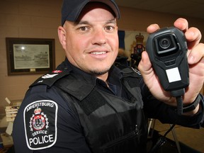 Amherstburg Police Sgt. Scott Riddell displays a body-worn video camera which will be used by police while attending calls, (NICK BRANCACCIO/The Windsor Star)
