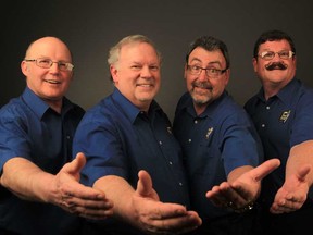 Sun Parlour Chorus president Rob Grimmell, left, Roger Reid, Dan Bezaire and Tom Grimes Thursday, April 11, 2013, singing Down Our Way. The Windsor chapter of the Barbershop Harmony Society has about 50 members and four quartets will perform Saturday at Tecumseh Mall at 1 p.m. to celebrate the 75th anniversary of the international Barbershop Harmony Society. (JASON KRYK/The Windsor Star)