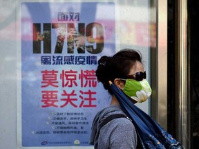 A woman wears a face mask as she walks past a poster in Beijing on Wednesday, April 24, 2013, that shows how to avoid the H7N9 avian influenza virus. International experts probing China's H7N9 bird flu virus said on Wednesday that it was "one of the most lethal" such strains they have seen so far. (Wang Zhaowang / AFP / Getty Images)