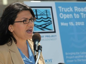 Files: Former Michigan State Representative, Rashida Tlaib, speaks at a press conference announcing a new access road for trucks exiting the Ambassador Bridge, Tuesday, May 15, 2012. (DAX MELMER/The Windsor Star)