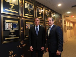 Caesars Windsor Director of Entertainment Tim Trombley, left, and President & CEO Kevin Laforet tour the green room at the Colosseum before announcing the new musical lineup that includes acts such as Journey, Peter Frampton among others. (JASON KRYK/The Windsor Star)
