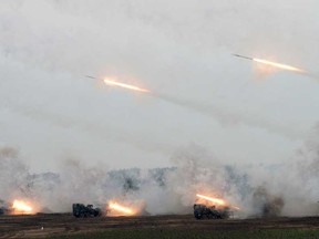 Rockets are launched from the Thunderbolt 2000, a Taiwan-made multi-rocket launcher system, during a military drill in western Penghu islands on April 17, 2013. Taiwan's defence ministry on April 17 staged its biggest live-fire military exercise since 2008, aimed at reviewing the island's defence capability against a simulated Chinese invasion.  (Sam YehSAM YEH/AFP/Getty Images)