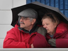 Aldo and Christine Muscedere watch a high school soccer game  on a cold and wet Tuesday, April 9, 2013, at the Sandwich Secondary School in LaSalle, Ont. More rain is expected in the next few days. (DAN JANISSE/The Windsor Star)