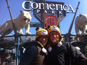 Cathy Miniuk and Genevieve Caffelli Ann Arbor Michigan are ready for the Detroit Tigers home opener. (TwitPic: Jason Kryk/The Windsor Star)