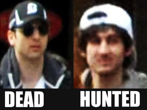 Boston Marathon bombing suspect No. 1 (left) died trying to elude police in Watertown on Thursday night. Suspect No. 2 is still at large. (Handout/FBI)