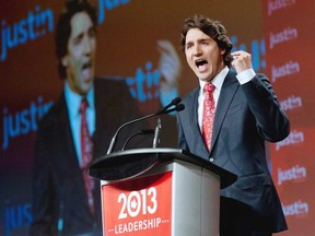 Liberal leadership candidate Justin Trudeau speaks during the 2013 Liberal Leadership National Showcase in Toronto on Saturday, April 6, 2013.
(Justin Tang , THE CANADIAN PRESS)