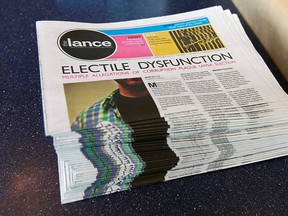 The latest issue of the Lance newspaper sits on display during a rally to show support for the  newspaper at the CAW Student Centre at the University of Windsor on Tuesday, April 9, 2013.                             (TYLER BROWNBRIDGE/The Windsor Star)
