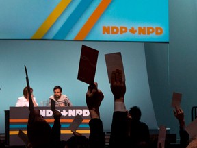 Members of the NDP vote during their weekend national convention Sunday, April 14, 2013 in Montreal. THE CANADIAN PRESS/Paul Chiasson