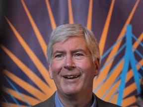 Michigan Gov. Rick Snyder speaks to reporters Friday, April 12, 2013, in Detroit, MI. Snyder announced a key permit to build a second bridge linking the United States and Canada from Detroit to Windsor. (DAN JANISSE/The Windsor Star)