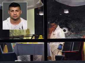 Police invesitgators look over apparent bullet hole and spattered blood near restaurant and hotel at Hornby and Nelson in Vancouver, B.C., on January 17, 2011. According to the Vancouver Police, the killing was organized by Rabih Alkhalil, inset. (Steve Bosch / Postmedia News Files)