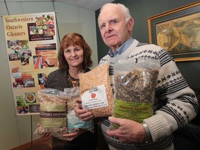 Tina Quiring, left, and Vern Toews of the Southwestern Ontario Gleaners display samples of dehydrated food mixes on Tuesday, April 9, 2013. The packages were made from unmarketable or surplus produce and will be given to the poor. (DAN JANISSE/The Windsor Star)