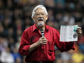 Environmentalist. author and broadcaster David Suzuki, holds a decades old warning from Union of Concerned Scientists during his address to a large audience of students at WFCU Centre in Windsor, Ont., for a live broadcast by TVCogeco Thursday April 25, 2013.  (NICK BRANCACCIO/The Windsor Star)