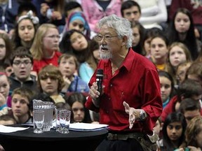 Environmentalist. author and broadcaster David Suzuki, speaks to Wake Up Windsor audience, a large audience of students at WFCU Centre for a live broadcast by TVCogeco Thursday April 25, 2013. "We are intimately connected to nature," said Suzuki. (NICK BRANCACCIO/The Windsor Star)