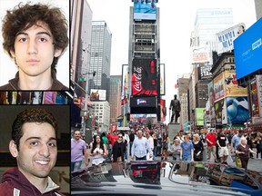 Boston Marathon bombing suspect Dzhokhar Tsarnaev, top, reportedly told authorities that he and his deceased brother Tamerlan planned to attack Times Square in New York City. (Andrew Burton/Getty Images; Handout)