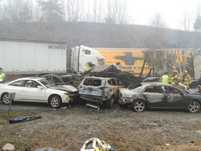 This photo provided by the Virginia State Police shows the scene following a 75-vehicle pileup on Interstate 77 near the Virginia-North Carolina border in Galax, Va., on Sunday, March 31, 2013. Virginia State Police say three people have been killed and more than 20 are injured and traffic is backed up about 8 miles. (AP Photo/Virginia State Police, Sgt. Mike Conroy)