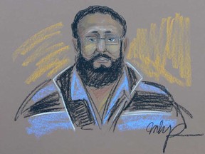 Chiheb Esseghaier appears in court in Montreal on Tuesday, April 23, 2013 in this artist's sketch. Esseghaier and Raed Jaser were arrested and charged Monday in what the RCMP said was the first known al-Qaida terror plot in Canada.
(THE CANADIAN PRESS)