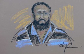 Chiheb Esseghaier appears in court in Montreal on Tuesday, April 23, 2013 in this artist's sketch. Esseghaier and Raed Jaser were arrested and charged Monday in what the RCMP said was the first known al-Qaida terror plot in Canada.
(THE CANADIAN PRESS)