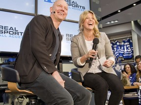 Leafs TV host Brooke Pashley, right, interviews former Leafs captain Mats Sundin. (Toronto Maple Leafs photo)