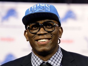 Ezekiel Ansah, the Detroit Lions first round draft pick, addresses the media during an NFL football news conference the team's training facility Friday in Allen Park. (AP Photo/Carlos Osorio)